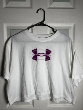 Under Armour White Cropped Tee with Purple Logo
